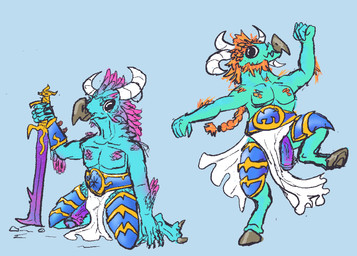 anthro armor big_penis chaos clothing duo genitals hooves horn kneeling male melee_weapon penis penis_poking_out sword wardrobe_malfunction weapon woodhouse3d warhammer_(franchise) tzeentch avian tzaangor