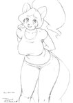 anthro big_breasts bottomwear breasts clothed clothing cream_(miu) denim denim_bottomwear denim_clothing female hair hands_behind_back jeans long_hair mammal monochrome open_mouth pants rodent sciurid shirt sketch smile solo standing teeth topwear tree_squirrel trump