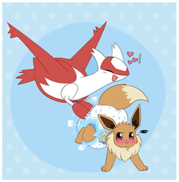 3_fingers 3_toes ambiguous_gender back_wings big_diaper black_nose blue_background blush blush_lines bodily_fluids border brown_body brown_fur brown_inner_ear brown_tail clean_diaper clothed clothing cloud_emanata diaper diaper_only diaper_puff digitigrade dipstick_tail dotted_background duo emanata eyes_closed facial_markings feet feral fingers floating frown frustration_cloud fur hand_on_diaper head_markings heart_symbol huge_diaper markings multicolored_body multicolored_fur one_eye_obstructed open_mouth open_smile pattern_background pushing raised_leg red_body simple_background smile sweat sweatdrop tail tail_markings tan_body tan_fur tan_tail tan_tail_tip toes topless touching_diaper two_tone_body two_tone_tail wearing_diaper white_body white_border wings jupiters nintendo pokemon eevee generation_1_pokemon generation_3_pokemon latias legendary_pokemon pokemon_(species) hi_res