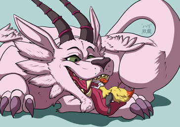 eating extreme_size_difference macro macro_anthro micro open_mouth oral_vore size_difference soft_vore vore vore_implied harikuran bandai_namco digimon kinktober nintendo pokemon firefox_(braixfire) braixen digimon_(species) generation_6_pokemon magnadramon pokemon_(species) absurd_res hi_res