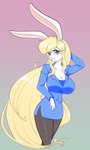 anthro big_breasts blonde_hair blue_eyes bottomwear breasts clothing collarbone eyebrow_through_hair eyebrows eyelashes female fur hair long_hair skirt smile solo translucent translucent_hair white_body white_fur scorpdk lagomorph leporid mammal rabbit 2025 3:5 absurd_res hi_res