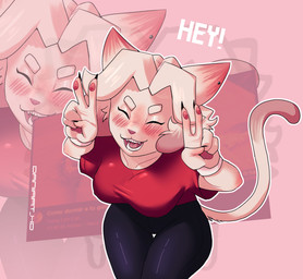 5_fingers abstract_background anthro big_breasts black_clothing black_fingernails black_leggings black_legwear black_nails blush blush_lines breasts clothed clothing colored_nails dialogue dipstick_ears dipstick_tail ear_markings ear_piercing eyebrows eyelashes eyes_closed female fingernails fingers front_view fully_clothed fur gesture hair hand_gesture happy high-angle_view leggings legwear markings multicolored_ears nails nipple_outline open_mouth open_smile outline pawpads piercing pink_body pink_fur pink_hair pink_nose pink_pawpads pink_tongue red_clothing red_shirt red_topwear screencap screencap_background sharp_fingernails sharp_nails shirt smile solo standing tail tail_markings teeth text thick_eyebrows thick_thighs thigh_gap three-quarter_view tongue topwear v_sign white_outline wide_hips daniart_xd youtube rubi_(daniart_xd) domestic_cat felid feline felis mammal 2025 artist_name digital_media_(artwork) english_text hi_res portrait shaded soft_shading three-quarter_portrait