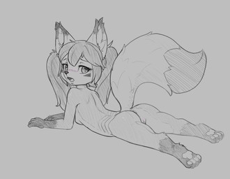 adolescent anthro anus bangs biped breasts digitigrade dipstick_ears dipstick_tail ear_markings eyebrows female female_anthro genitals gloves_(marking) hair humanoid_genitalia humanoid_vulva inner_ear_fluff leg_markings long_hair looking_at_viewer looking_back looking_back_at_viewer lying markings multicolored_ears nude nude_anthro nude_female on_front open_mouth pawpads pigtails ponytail pose raised_tail simple_background small_breasts socks_(marking) solo tail tail_markings tuft vulva young young_anthro young_female jamesfoxbr jully_figthers canid canine fox mammal 2026 black_and_white full-length_portrait hatching_(art) hi_res line_art monochrome portrait shaded