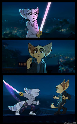 anthro boots bottomwear clothing duo eyebrows female footwear fur hoodie jacket male melee_weapon night outside pants shoes sword topwear weapon white_body white_fur time_fluffy500 kpop_demon_hunters ratchet_and_clank sony_corporation sony_interactive_entertainment jinu_(kpop_demon_hunters) ratchet_(ratchet_and_clank) rivet_(ratchet_and_clank) rumi_(kpop_demon_hunters) lombax mammal 2025 absurd_res comic hi_res