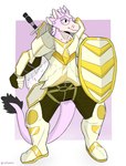 ambiguous_gender anthro armor clothing eyewear feathers glasses heavy heavy_weight knight male melee_weapon pink_body shield simple_background solo sword tail warrior weapon yellow_armor ruffusbleu kerolink avali avian full-length_portrait hi_res portrait