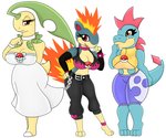 anthro anthrofied big_breasts breasts clothed clothing female pokeball pokemorph urusee584 nintendo pokemon bayleef croconaw generation_2_pokemon pokemon_(species) quilava hi_res