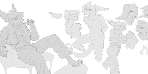 anthro asian_conical_hat belt belt_buckle buckle chair clothing coat collared_shirt cowboy cowboy_hat dress_shirt femboy flesh food foot_rest fries furniture hat headgear headwear horn jacket male open_mouth shirt slacks solo sweater topwear turtleneck ushanka untalentedscribbles scribbles_(untalentedscribbles) nardoragon absurd_res hi_res model_sheet sketch