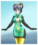 anthro black_body black_fur breasts cleavage clothed clothing dress eyewear female floral_dress fur glasses green_clothing green_dress green_eyes hair legwear purple_hair side_slit side_slit_clothing side_slit_dress solo stockings tgwonder bear giant_panda mammal 2013 hi_res