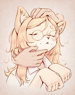 ambiguous_gender anthro blonde_hair blush clothed clothing collared_shirt dress_shirt duo ear_tuft eyes_closed eyewear female glasses hair petting shirt topwear tuft ritsuxz hitoner miss_tonerico domestic_cat felid feline felis human mammal 2024 digital_media_(artwork)