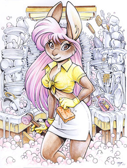 anthro bottomwear bracelet brown_body brown_eyes brown_fur brush bubble clothed clothing female fur gloves hair handwear jewelry long_hair midriff pink_hair shirt skirt solo sponge tied_shirt topwear washing_up water megan_giles candi_(megan_giles) hare lagomorph leporid mammal 2006