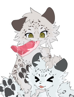 >_< anthro claws duo eating eyes_closed fangs food fur green_eyes grey_body grey_fur grey_pawpads grey_spots hand_on_another's_head looking_at_viewer markings meat pawpads raw_meat ringed_eyes simple_background spots spotted_body spotted_fur teeth tongue tongue_out tuft uneven_eyes white_background white_body white_fur tentoumusi_0107 felid mammal pantherine snow_leopard 2025 absurd_res hi_res