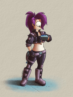 1_eye accessory bangs big_hair boots breasts button_nose cleavage clothed clothing female fingerless_gloves footwear gloves hair hair_accessory handwear jacket knee_pads laser_gun latex latex_clothing leather leather_clothing leather_jacket leather_topwear midriff_jacket midriff_top not_furry one_eye_visible ponytail purple_hair ranged_weapon rolled_up_sleeves science_fiction shoes shoulder_pads simple_background small_ears solo topwear weapon softailfox comedy_central futurama futurama_(series) turanga_leela cyclops human mammal 3:4 hi_res shaded nonbinary_(lore)