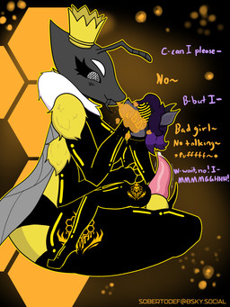 ambiguous_gender anthro aphrodisiac aphrodisiac_gas bodily_fluids crown dialogue duo genital_fluids genitals gynomorph headgear hypnosis hypnotic_visor intersex latex mind_control orgasm_denial penis pheromones pollen precum stinger throbbing throbbing_penis wings sobertodef arthropod bee canid canine canis hymenopteran insect mammal wolf absurd_res hi_res