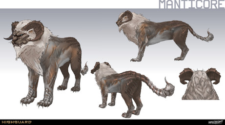 2_horns ambiguous_feral ambiguous_gender belly black_nose blue_eyes brown_body brown_claws brown_fur brown_horn brown_tail claws company_name curled_horn eye_scar facial_scar feral fur gradient_background grey_belly grey_body grey_fur grey_tail grey_teeth gums horn light mane multicolored_body multicolored_fur multicolored_tail nude nude_ambiguous paws quadruped red_gums scar sharp_teeth simple_background solo standing stinger tail teeth text toe_claws turnaround whiskers white_mane nicholas_patrick_kelana highguard_(game) iranian_mythology middle_eastern_mythology mythology felid mammal manticore 2026 absurd_res colored concept_art digital_drawing_(artwork) digital_media_(artwork) english_description english_text hi_res lighting official_art shaded