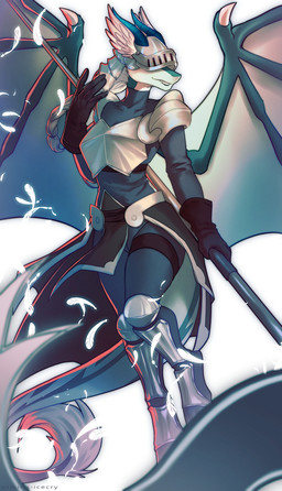 5_fingers anthro armor biped bottomwear breasts clothed clothed_anthro clothed_female clothing female fingers front_view fully_clothed fully_clothed_anthro fully_clothed_female gloves handwear headgear helmet holding_object holding_weapon horn smile solo tail teeth topwear weapon wings iris-icecry mythology azure_(azurevi2) dragon mythological_creature mythological_scalie scalie absurd_res hi_res