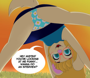 anthro clothed clothing eyewear female glasses panties shirt solo speech_bubble topwear underwear upskirt young young_female youaskedferrit phoebe_(youaskedferrit) bird_dog canid canine canis domestic_dog hunting_dog labrador mammal retriever hi_res