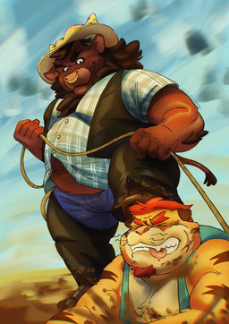 bite biting_own_tongue boots brown_stripes clothing cowboy_boots cowboy_hat cowboy_outfit duo facial_piercing footwear fur hair hat headgear headwear horn lasso male nose_piercing overweight overweight_male piercing red_hair self_bite septum_piercing shoes stripes tongue tongue_bite yellow_body yellow_fur prets quantum_love_theory albert_(quantum_love_theory) ernest_(quantum_love_theory) bovid bovine cattle felid mammal pantherine tiger hi_res