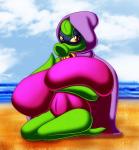 beach big_breasts breasts clothing detailed_background female hood huge_breasts hyper hyper_breasts mask not_furry outside plant purple_eyes sand seaside siphon_(anatomy) sky solo swimwear water chaossabre electronic_arts plants_vs._zombies plants_vs._zombies_heroes popcap_games green_shadow elemental_creature flora_fauna humanoid peashooter_(pvz) 2016 hi_res