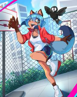 anthro backboard basketball_hoop black_body blue_hair bottomwear brown_ears brown_markings chain-link_fence city city_background claws clothed clothing dark_ears dipstick_hair dipstick_tail facial_markings female fence feral finger_claws footwear gloves_(marking) hair head_markings jacket leg_markings markings mask_(marking) open_clothing open_jacket open_mouth open_smile open_topwear pink_tongue plant red_clothing red_jacket red_topwear shirt shoes shorts shrub smile socks_(marking) solo tail tail_markings tan_body tank_top teeth tongue topwear white_clothing white_shirt white_tank_top white_topwear ariaasimov brand_new_animal studio_trigger michiru_kagemori avian bird canid canine corvid corvus_(genus) crow mammal oscine passerine raccoon_dog tanuki hi_res