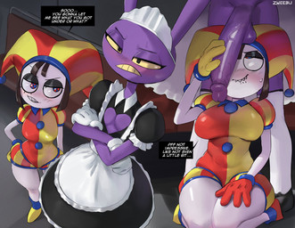 anthro balls biped blush bodily_fluids breasts clothed clothing dialogue female fool's_hat genitals hat headgear headwear kneeling maid_uniform male male/female penis pupils purple_body smile sweat text uniform white_body zweebu glitch_productions the_amazing_digital_circus evil_pomni_(tadc) jax_(tadc) human humanoid lagomorph leporid mammal rabbit absurd_res english_text hi_res