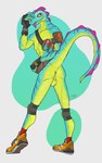 anthro anus athletic athletic_male backsack balls bandolier blep butt clothing exposure_variation fanny_pack fingerless_gloves footwear genitals gloves green_balls green_body hand_on_face handwear humanoid_genitalia knee_pads looking_at_viewer looking_back looking_back_at_viewer male mostly_nude orange_clothing orange_footwear plantigrade raised_heel raised_tail scales shoes simple_background smile smiling_at_viewer solo tail tongue tongue_out krowbutt epic_games fortnite lizzik_(fortnite) lizard reptile scalie 5:8 digital_media_(artwork) hi_res
