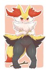 absurd_res ambiguous_gender anthro biped black_body blush border braixen chest_tuft front_view generation_6_pokemon hi_res inner_ear_fluff navel nintendo orange_body pokemon pokemon_(species) red_eyes shiryujack08 simple_background solo tuft white_body white_border