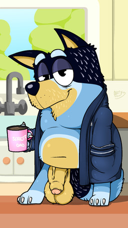 3_toes 4_fingers anthro balls beverage big_balls biped black_eyes blue_body blue_clothing blue_eyebrows blue_fur blue_nose blue_robe blue_tail chest_tuft claws closed_smile clothed clothed_anthro clothed_male clothing coffee coffee_mug container cup day detailed_background eyebrows faucet feet finger_claws fingers flaccid foreskin fur genital_raphe genitals glans glistening glistening_balls glistening_eyes glistening_genitalia glistening_glans glistening_penis half-closed_eyes hand_in_pocket holding_coffee_mug holding_container holding_cup holding_mug holding_object humanoid_genitalia humanoid_penis inside kitchen looking_at_viewer male male_anthro mature_anthro mature_male mismatched_genitalia mismatched_humanoid_penis mismatched_penis mouth_closed mug multicolored_body multicolored_fur narrowed_eyes navel open_clothing open_robe orange_balls orange_body orange_fur orange_inner_ear orange_penis partially_retracted_foreskin penis pink_glans plant pockets pointy_ears prick_ears raphe_(anatomy) robe scrotal_raphe sky smile smiling_at_viewer solo standing tail text toe_claws toes tree tuft vein veiny_penis white_claws arty_the_frog bluey_(series) bandit_heeler australian_cattle_dog canid canine canis cattledog domestic_dog herding_dog mammal pastoral_dog 2026 9:16 artist_name digital_drawing_(artwork) digital_media_(artwork) hi_res