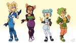 anthro blue_hair bottomwear clothing eyewear female glasses gradient_background green_hair group hair jacket jumpsuit simple_background skirt topwear alaynakgray activision crash_bandicoot_(series) crash_team_racing_(series) crash_team_racing_nitro-fueled ami_bandicoot isabella_bandicoot liz_bandicoot megumi_bandicoot bandicoot mammal marsupial 2020 hi_res