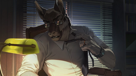 5_fingers accessory anthro biped blinds brown_body brown_eyes brown_fur chair clock clothed clothing detailed_background digit_ring eyebrows eyewear fingers fur furniture glasses grey_body grey_fur inside jewelry lamp light male multicolored_body multicolored_fur necktie ring shadow shirt sitting solo teeth topwear watch wedding_ring white_clothing white_shirt white_topwear window wristwatch wildering canid canine canis domestic_dog german_shepherd herding_dog mammal pastoral_dog 2018 digital_media_(artwork) lighting