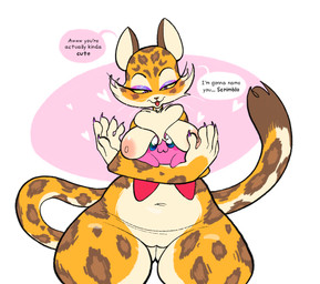 :3 anthro areola between_breasts blush blush_stickers body_hair breasts brown_nose chest_hair chest_tuft claws countershading dipstick_tail duo eyelashes eyeshadow female fur genitals heart_symbol hug looking_at_another looking_down looking_up makeup male markings navel nipples nude orange_body orange_fur pawpads purple_eyes simple_background size_difference speech_bubble spots spotted_body spotted_fur standing tail tail_markings text thick_thighs thigh_gap tuft vulva wide_hips kaboozey kirby_(series) kirby_and_the_forgotten_land nintendo clawroline kirby alien domestic_cat felid feline felis leopard mammal pantherine waddling_head english_text
