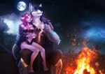 4_toes 5_fingers anthro black_hair breasts clothed clothing detailed_background feet female fingers hair horn moon night outside pink_hair sky star starry_sky toes gaiawolfess malakhael 2022 digital_media_(artwork)