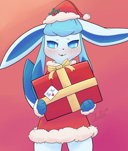 anthro blush blush_lines box christmas_clothing christmas_dress christmas_headwear clothed clothing container dress female gift_bow gift_box headgear headwear holidays holly_(plant) plant simple_background solo text glacefrostbite christmas nintendo pokemon eeveelution generation_4_pokemon glaceon pokemon_(species) absurd_res hi_res