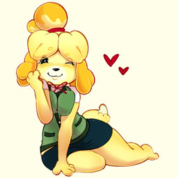 anthro barefoot blush bottomwear breast_squish breasts clothed clothing feet female fur hair heart_symbol looking_at_viewer one_eye_closed paws plantigrade ponytail simple_background skirt smile solo squish tail toes wink winking_at_viewer yellow_body yellow_fur mskittypawz animal_crossing nintendo isabelle_(animal_crossing) canid canine canis domestic_dog mammal shih_tzu toy_dog 1:1 2025 digital_media_(artwork) hi_res