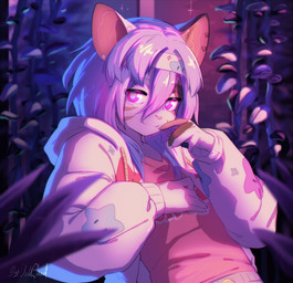 anthro bangs bottomwear brown_markings clothed clothing ear_piercing fur hair jacket looking_at_viewer male markings medium_hair open_clothing open_jacket open_topwear piercing pink_clothing pink_nose pink_shirt pink_topwear plant pupils purple_eyes purple_hair shirt smile solo topwear white_body white_clothing white_fur white_jacket white_pupils white_topwear vallshad domestic_cat felid feline felis mammal 2025 colored digital_drawing_(artwork) digital_media_(artwork) half-length_portrait hi_res portrait shaded