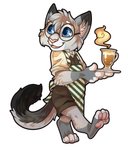 anthro apron barefoot barista beverage blue_eyes bottomwear cappuccino_(coffee) chibi clothed clothing coffee digital_media_(artwork) domestic_cat dress_shirt egyptian_mau eyewear feet felid feline felis foam fully_clothed fur glasses grey_body grey_fur grey_hair hair hi_res hindpaw male mammal nixuelle pattern_apron pattern_clothing pawpads paws pink_pawpads platter raised_foot ramthedragon rolled_up_sleeves shaded shirt shorts simple_background smile solo steam striped_apron striped_clothing stripes toes topwear tray white_background