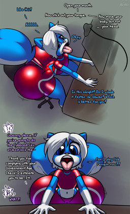 anthro big_butt blue_body blue_ears blue_eyes blue_fur blue_tail butt butt_jiggle camera chair clothing computer computer_screen countershading electronics eye_through_hair eyelashes female fur furniture glistening glistening_eyes hair huge_butt huge_hips jiggling loli long_tail motion_lines mouth_shot multicolored_body multicolored_fur navel open_mouth panties pink_nose pink_tongue pupils red_clothing short_hair sitting tail teeth teeth_showing text thick_tail tongue tongue_out translucent translucent_hair two_tone_body two_tone_fur two_tone_tail underwear uvula webcam white_body white_countershading white_fur white_hair white_inner_ear white_tail wide_hips young young_anthro young_female norithics gwen_mason mammal mephitid skunk 2025 2koma colored comic english_text hi_res