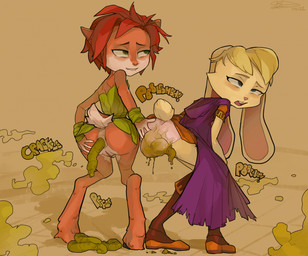 anthro anus blue_eyes butt butt_grab clothing dress fart fart_cloud feces feces_blowout feces_on_body feces_on_butt feces_on_ground feces_pile female genitals grabbing green_eyes hand_on_butt onomatopoeia panties pink_clothing pink_panties pink_underwear pooped pooping pooping_on_floor pooping_on_self pooping_together purple_clothing purple_dress scatplay soiled soiled_panties soiled_underwear soiling soiling_underwear solo sound_effects text underwear vulva usagaijin activision spyro_the_dragon bianca_(spyro) elora domestic_rabbit dwarf_rabbit faun lagomorph leporid mammal oryctolagus rabbit hi_res