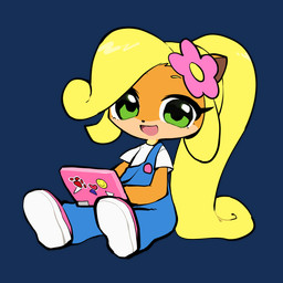 anthro biped blonde_hair chibi clothed clothing computer electronics eyelashes female fully_clothed fur green_eyes hair laptop looking_at_viewer open_mouth open_smile orange_body orange_fur ponytail simple_background sitting smile solo transparent_background kawaanago0827 activision crash_bandicoot_(series) coco_bandicoot bandicoot mammal marsupial 1:1 2022 alpha_channel full-length_portrait portrait