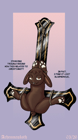 ambiguous_gender buckteeth candy chocolate cross dessert featureless_crotch feral food holidays inverted_cross long_ears looking_at_viewer null pawpads restrained rope simple_background solo spread_legs spreading teeth text achromasloth easter animate_inanimate food_creature living_candy 9:16 digital_drawing_(artwork) digital_media_(artwork) english_text hi_res