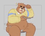 anthro belly big_belly black_nose blush brown_body brown_fur clothed clothing eyes_closed food fur humanoid_hands jockstrap male navel overweight overweight_male raised_clothing raised_shirt raised_topwear shirt sitting solo topwear underwear mrtuminator animal_crossing nintendo teddy_(animal_crossing) bear mammal 2022 distracting_watermark hi_res watermark