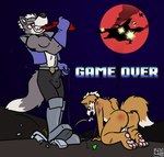 absurd_res all_fours anthro arwing biped blood_moon boots bottomwear bruised bulge butt canid canine canis clothing collar defeated defeated_hero duo english_text explosion footwear fox fox_mccloud game_over gameplay_mechanics good_guy_loses great_fox hi_res holding_leash holding_object immelmann leash leather leather_bottomwear leather_clothing leather_pants looking_at_viewer male male/male mammal mercenary moon nintendo pants reddened_butt scratches sky smile smiling_at_viewer sonicality spacecraft star star_fox starry_sky stomping text topwear vehicle vest wolf wolf_o'donnell wolfen wounded