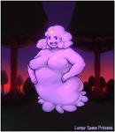 breasts female looking_at_viewer lumps not_furry outside plant solo star text tree modeseven adventure_time cartoon_network lumpy_space_princess humanoid lumpy_space_denizen english_text