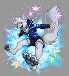 5_fingers action_pose anthro biped bottomwear claws clothed clothing fangs fingers fur male open_mouth open_smile pawpads paws pose shorts smile snowflake solo tail teeth tongue haychel canid canine fox mammal 2023 absurd_res hi_res