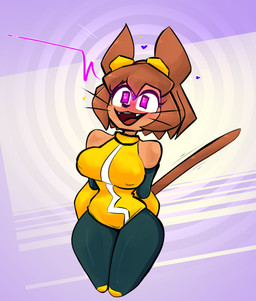 anthro black_clothing breasts brown_body brown_hair clothed clothing erect_tail eyewear eyewear_on_head female gesture goggles goggles_on_head hair heart_symbol mind_control nipple_outline open_mouth open_smile simple_background smile solo tail tail_boner tail_gesture teeth tongue whiskers yellow_clothing davidthewolfx10 gameoverse glitch_productions kit_bodega domestic_cat felid feline felis mammal 2026 digital_media_(artwork) hi_res