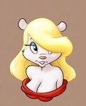 anthro big_breasts blonde_hair breasts cleavage clothed clothing dress female fur hair hair_over_eye half-closed_eyes long_hair narrowed_eyes no_bra pink_nose red_clothing red_dress solo white_body white_fur stanmort animaniacs warner_brothers minerva_mink mammal mink mustelid musteline true_musteline hi_res