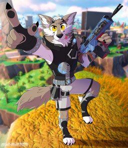 5_fingers anthro bottomwear claws clothing finger_claws fingers gesture gun hand_gesture holding_object holding_weapon male outside pants pointing ranged_weapon shorts solo text tongue tongue_out weapon year leo-wolf epic_games fortnite wendell_(fortnite) canid canine canis mammal wolf 2023 artist_name digital_media_(artwork) hi_res