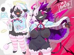anthro areola big_breasts breasts clothed clothed_anthro clothed_female clothing duo female front_view fur grey_body grey_fur grey_tail horn legwear navel nipples standing tail teeth text thigh_highs kame_3 bovid caprine demon mammal sheep 2025 digital_media_(artwork) hi_res translated