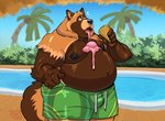 anthro belly big_belly bottomwear brown_body brown_fur bulge clothing dessert food fur ice_cream male moobs navel nipples overweight overweight_male shorts solo swimming_pool tongue tongue_out said_the_saisio canid canine mammal raccoon_dog tanuki 2024 absurd_res hi_res