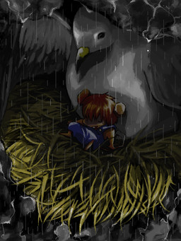 anthro biped brown_body clothed clothing detailed_background duo eyes_closed feral outside raining sitting migurumi gamba_no_bouken gamba_no_bouken_(series) ikasama avian mammal mouse murid murine rodent 2011 3:4