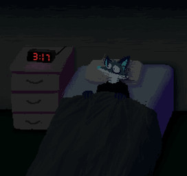 alarm_clock anthro bed clock detailed_background furniture inside lying male on_back on_bed pillow solo demensa emil_(demensa) canid canine canis coyote domestic_dog hybrid mammal 2021 digital_media_(artwork) pixel_(artwork)